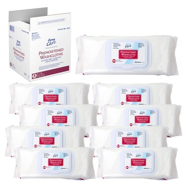 Dynarex Personal Cleansing Washcloth - Pre-Moistened Wet Wipes with Lanolin &amp; Aloe Vera - Disposable Sheets for Incontinence, Personal Care, Make-Up Removal, 1 Case - 8 Refill Packs of 64 Wipes