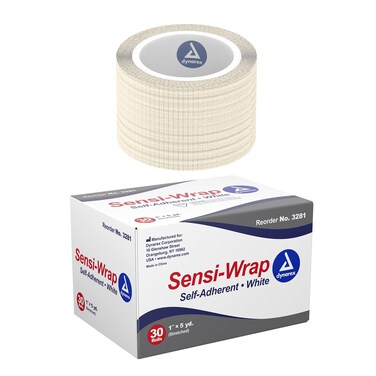Dynarex 3281 Sensi-Wrap Self-Adherent Bandage Roll, White, 1" x 5 Yard Size, 180" Length, 1" Width, Pack of 30