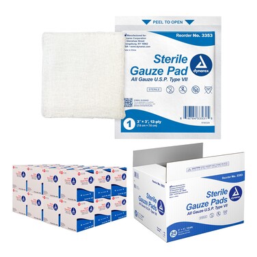 Dynarex Sterile Gauze Pads - Absorbent Cotton Fabric with Folded Edges - Soft, Durable, Individually Wrapped Dressing - 3x3", 12-Ply - 100 Pads Per Box, Case of 24 Boxes