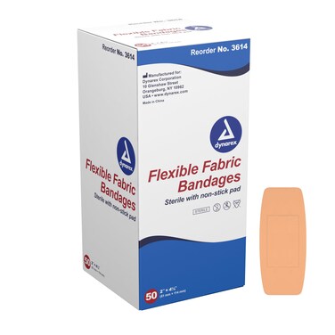 Dynarex 3614 Fabric Adhesive Bandage, Sterile &amp; Flexible Fabric Bandage for Wounds, Non-Stick Pads, Individually-Wrapped First Aid Supplies, No Latex, 2x4-1/2", Pack of 50