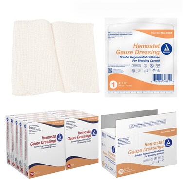 Dynarex Hemostat Gauze Dressings - Soluble Regenerated Cellulose Dressings for Wound Care &amp; Bleeding Control - Sterile, Non-Latex, External Use Only - 20 Individually Packed Gauzes Per Box