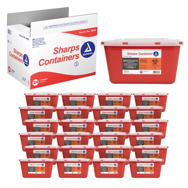 Dynarex 4626 Sharp Container, Provides a Safe Disposal of Medical Waste and Needles, Non-Sterile &amp; Latex-Free, 1 Gallon, Made with Thermoplastic, Red with a Transparent Lid, Pack of 24