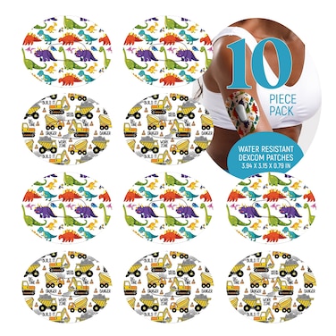 Dexcom Adhesive Mix Dino &amp; Construction Design Adhesive Patches with Split Backing, Easy to Apply x 10 Pack