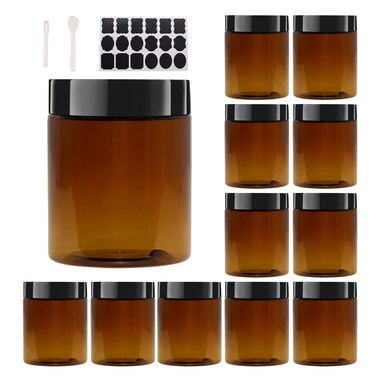 12 Pack 8 OZ Amber Plastic Jars With Black Lids, 6 Spatula, A Pen &amp; Labels - Plastic Slime Jars Storage Travel Jars for Cosmetics, Cream, Gel