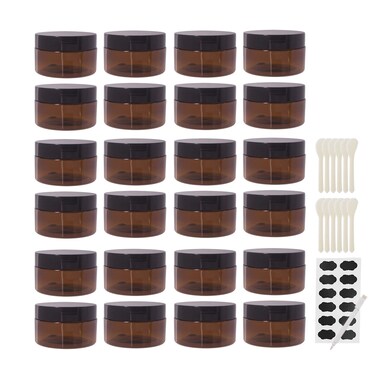 24 Pack 3.3 OZ(100ml) Amber Plastic Jars With Black Lids, 12 Spatula, A Pen, Labels - PET Storage Container for Cosmetic, Cream, Gel, Lotion-Travel Jar Plastic Slime Jars