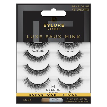 Eylure Luxe Faux Mink False Lashes - Natural Lavish, 4 Pairs Bonus Pack   Glue Included   10 Wears