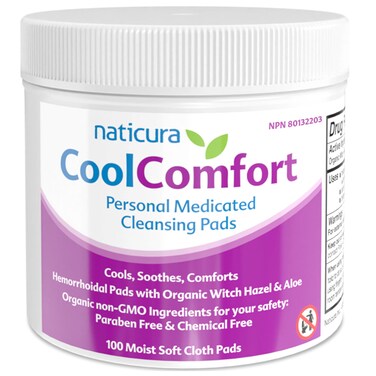 CoolComfort Personal Cleansing Pads with Organic Witch Hazel and Aloe Vera - All-Natural and Fast Acting Wipes for Hemorrhoid Burning, Itching, Pain and Swelling - 100 Pads - No Parabens