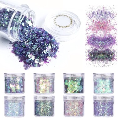 Nail Glitter-8 Jars 10ml Holographic Hexagon Face Glitter Used for Acrylic Nails Art Iridescent Flake Paillette Sparkle Tip Perfect for Nail Glitter, Makeup, Eyes, Hair, Jewellery, Resin.