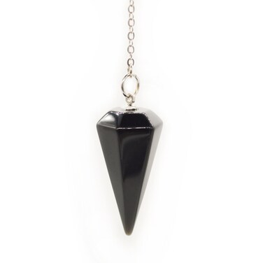 Gemstone Pendulum Made of Natural Black Agate for Dowsing Divination Chakra Reiki. Pointed with Chain and Jewelry Pouch