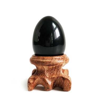 Black Obsidian Gemstone Egg Sphere with Wooden Stand for Healing Meditation Chakra Balancing and Home Decoration (Small Size)