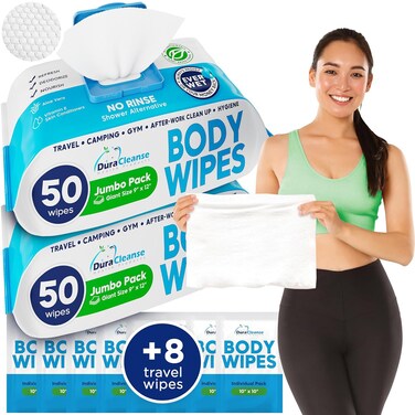 DuraCleanse Body Wipes for Adults Bathing No Rinse (2 Pack) 100 XL Shower Wipes + 8 Travel Bath Wipes - 9" x 12" Extra Thick Adult Disposable Washcloths for Elderly Incontinence &amp; Camping Essentials