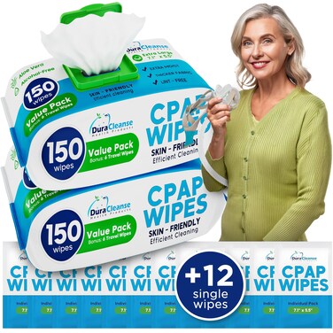 CPAP Mask Wipes - 300 Count Jumbo Pack + 12 Travel Wipes - DuraCleanse Extra Large, Extra Moist Cleaning Wipes for Full Face, Nasal Masks - Unscented Cleaner for CPAP Machine, Supplies and Accessories