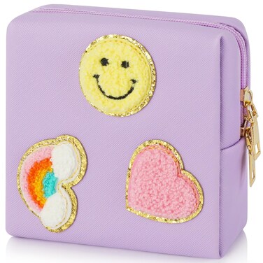 airogym Preppy Patch Period Bag for Ladies, Sanitary Napkin Storage Bag, Functional PU Leather Sanitary Pad Bags for Panty Liners, Tampons, Menstrual Cup Pouches, Sanitary Pads Organizer