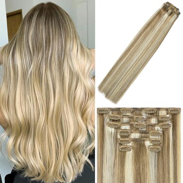 WindTouch Clip in Hair Extensions Human Hair Mixed Bleach Blonde 12Inch 70g Highlights for Blonde 7PCS #18P613