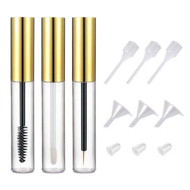 Ideal Swan 10ml Empty Mascara Tube Eyeliner Cream Container Bottle, Lip Gloss Bottle with 3 Piece Funnel &amp; Rubber Inserts for Castor Oil Golden (Set 03)