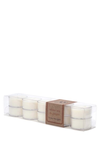 Eco Candle Co. Tea Light Candles, White Tea &amp; Ginger, 10-Pack - Scents of White Tea, Spices, Citrus, Jasmine, &amp; Ginger - Recyclable, 100% Soy Wax, No Lead, Hand Poured, Midwest Soybeans, .6 oz. Each