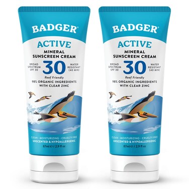 Badger Mineral Sunscreen Cream SPF 30, Zinc Oxide Sun Care, 98% Organic, Reef Safe, Water Resistant, Unscented Face and Body Sunscreen Travel Size, 2.9 fl oz, 2-Pack
