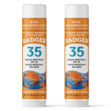 Badger Mineral Kids Sunscreen Face Stick SPF 35, Zinc Oxide Travel Size Sunscreen Stick for Kids, 97% Organic Ingredients, Reef Safe, Water Resistant, .65 oz, 2-Pack