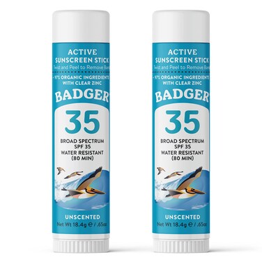 Badger Mineral Sunscreen Face Stick SPF 35, 97% Organic Unscented Zinc Oxide Travel Sunscreen, Coral Reef Safe Sunscreen Travel Size Sunscreen Stick, .65 oz, 2-Pack