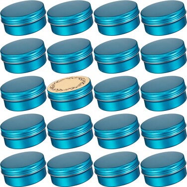 24 Pack 3oz Screw Top Aluminum Tin Jars with Screw Lids and Blank Labels - Refillable 90ml Metal Containers for Lip Balms, Candles, Salves, Spices, Crafts (Lake Blue)