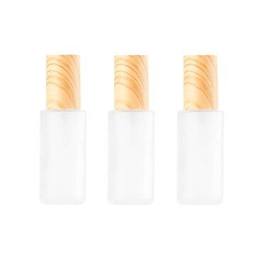 3 Pcs 60ml 2oz Travel Size Leakproof Pump Bottles Refillable Glass Lotion Dispenser Bottles Cosmetic Toiletries Containers Travel Size Cosmetic Cream Pump Bottles for Flight Holiday(Wood Grain Lid)