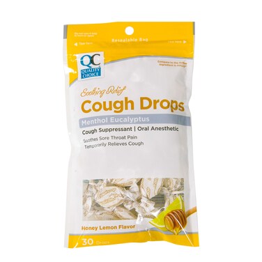 Quality Choice Honey Lemon Flavor Cough Drops, 30 Count Bag, Menthol Cough Suppressant and Oral Anesthetic, Suitable for Adults and Children Over 5 Years, Cold and Flu Relief, Cold Medicine