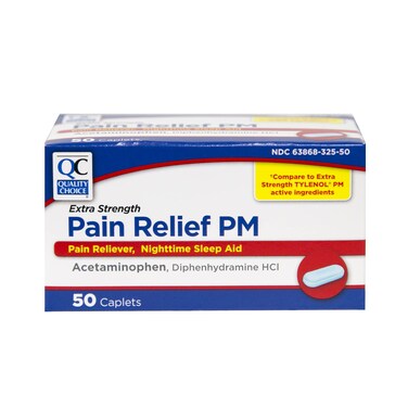 Quality Choice Extra Strength Pain Relief PM, Pain Reliever and Nighttime Sleep Aid, Acetaminophen 500 mg &amp; Diphenhydramine HCI 25 mg (Sleep Aid), 50 Count Package of Caplets