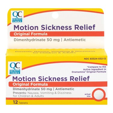 Quality Choice, Motion Sickness Relief, Prevents and Relieves Nausea, Dizziness &amp; Vomiting, Original Formula Dimenhydrinate 50mg an Antiemetic, 12 Tablets Per Box, Car Sick, Seasickness Nausea Relief