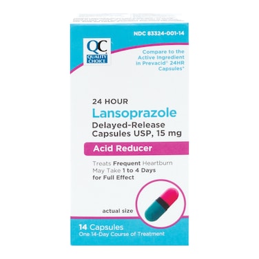 Quality Choice Lansoprazole Acid Reducer Delayed Release Capsules, 15mg, Proton Pump Inhibitor (PPI), Treats Frequent Heartburn, 24 Hour Heartburn Medicine, 14 Count