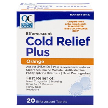 Quality Choice Cold Medicine, Effervescent Cold Relief Plus Orange, Pain Reliever &amp; Fever Reducer, Congestion, Sneezing, Sinus Pressure, Runny Nose, and Head Ache Relief in 20 Count Flavored Tablets