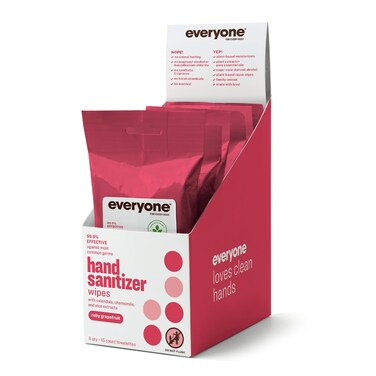 Everyone Hand Sanitizer Wipes, 15 Wipes (Pack of 6), Ruby Grapefruit, Plant Derived Alcohol with Pure Essential Oils
