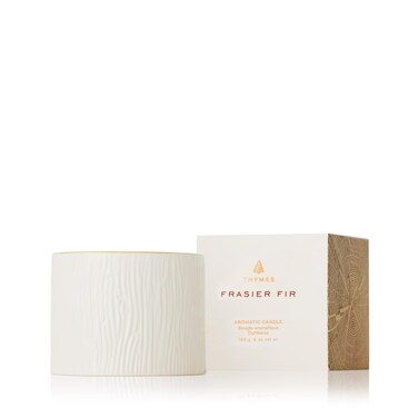 Thymes Frasier Fir Candle - Gilded Collection - Wood Grain Ceramic Design with 24-Karate Gold Rim - Mountain Fresh Fragrance - Elegant Winter Candle Scents - Gifts for Women &amp; Men (Petite, 6 oz)