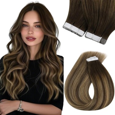 Sunny Hair Tape in Extensions Brown Balayage Hair Extensions Tape in Human Hair Extensions Brown Ombre Blonde Mix Medium Brown Balayage Tape in Hair Extension Human Hair Brown for Women 20pcs 50g 18in