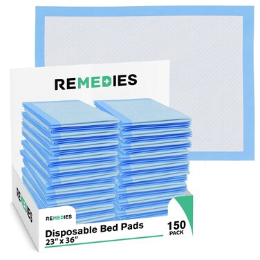 Remedies - Disposable Bed Pads for Adults, Seniors, Kids &amp; Pet Training - 23" x 36" Large Bed Pads - 150 Count - Incontinence Underpads for Beds &amp; Furniture, Puppy Pads, Dog Pee Pads, Dogs Chucks Pads