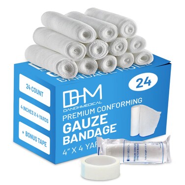 D&amp;H Medical Pack of 24 Gauze Bandage Roll 4 Inches x 4 Yards - Medical Gauze Wrap for Wounds Care - Easy to Use Cotton Gauze Rolls for Hand Wrap Dressing Ankles &amp; Knees
