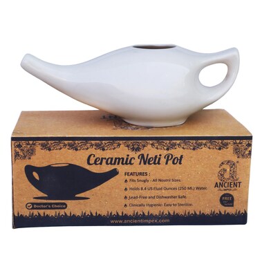 Ancient Impex Ceramic Neti Pot with 5 Sachets Neti Salt, a Natural Remedy for Nasal Irrigation - 250 Ml Capacity (White)