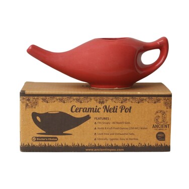 Ancient Impex Ceramic Neti Pot with 5 Sachets Neti Salt, a Natural Remedy for Allergy Relief - 250 Ml Capacity (Red)