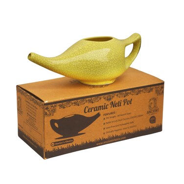 Ancient Impex Ceramic Neti Pot with 5 Sachets Neti Salt, a Natural Remedy for Nasal Health - 250 Ml Capacity (Crackle Yellow)