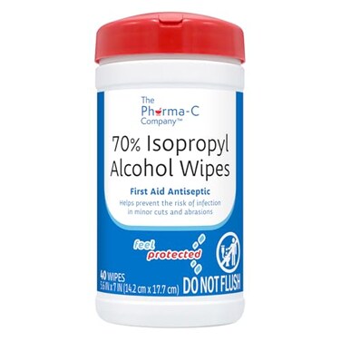 The Pharma-C Company 70% Isopropyl Alcohol Wipes [40 wipes] - IPA First Aid Antiseptic Wound Cleaner with Moisture Lock Lid. For minor cuts, scrapes, and burns.
