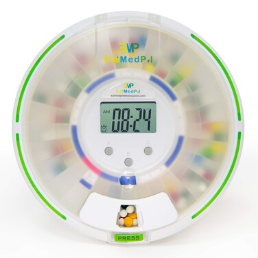 EziMedPil Automatic Pill Dispenser with Alarm, Sound &amp; Light, up to 6 Alarms/Day, 6 Dosage Templates, Easy-Read Display, Frosted Lid &amp; Locked 28-Day Medication Dispenser for Protecting Pills Privacy