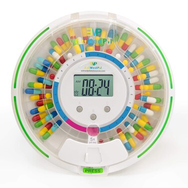EziMedPil Automatic Pill Dispenser w/Audio &amp; Visual Alerts, up to 6 Alarms/day, 6 Dosage Templates, Easy-Read LCD Display, Lock Medication Dispenser w/Key for Prescriptions, Vitamins &amp; More, Clear Lid