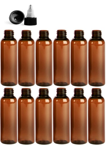 2 Ounce Cosmo Round Bottles, PET Plastic Empty Fillable BPA-Free, with Black/Natural Twist Top Caps (Pack of 12) (Amber)
