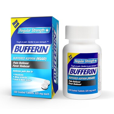 Bufferin Aspirin 325mg, Pain Reliever &amp; Fever Reducer, with 3 Buffering Agents Relieves 7 Types of Pain: Headaches, Back Ache, Arthritis, Muscle Aches &amp; More, for Adults, 130 Coated Tablets, 1-Pack