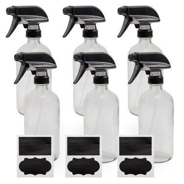 Cornucopia 16oz Clear Glass Spray Bottles (6-Pack); 3-Setting Sprayer Tops and Chalk Labels