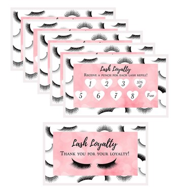 Lash Extension Filler Loyalty Punch Card   Package of 250   Double Sided Size 3.5 x 2&amp;quot; inches Matches After Care Cards   False Lash Print with Bubbly Pink Inlay Design