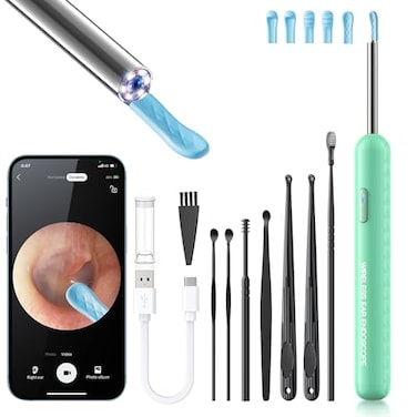 Ear Wax Removal, Ear Cleaner with Camera and Light, Ear Wax Removal Kit with 8 Pcs Set, Ear Wax Removal Tool Camera with 1080P, Ear Cleaning Kit with 6 Spoons, Ear Camera for iOS &amp; Android (Green)