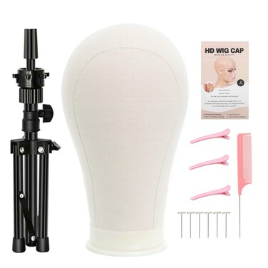 FUTAI 22 Inchs Wig Canvas Mannequin Head with Stand Tripod HD Wig Cap T Pins Hair Rat Tail Comb Hairpin for Hairdresser Professional Female Practice Making Styling Display Human Hair Wig