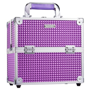 Frenessa Makeup Train Case Cosmetic Box Organizer Storage Portable 4 Trays Jewelry Storage Organizer with Lockable Dividers for Makeup Artist, Crafter, Makeup Tools Traveling Makeup Case Purple