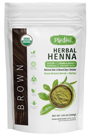 Pardesi Hair Henna Powder Brown Color I USDA Organic I 7.05 oz (200 Gram)   Natural Hair &amp; Beard Dye I Unisex I Amonia and PPD Free I Includes Gloves, Hair Cap and Applicator I From India