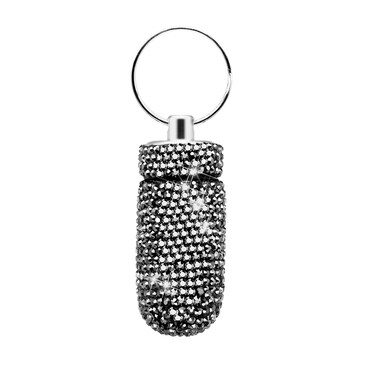 Pill Container Pill Case Bling Crystal Rhinestone Portable Waterproof Pill Holder Box Storage Bottle with Keychain for Travel, Outdoor, Camping (Gray)